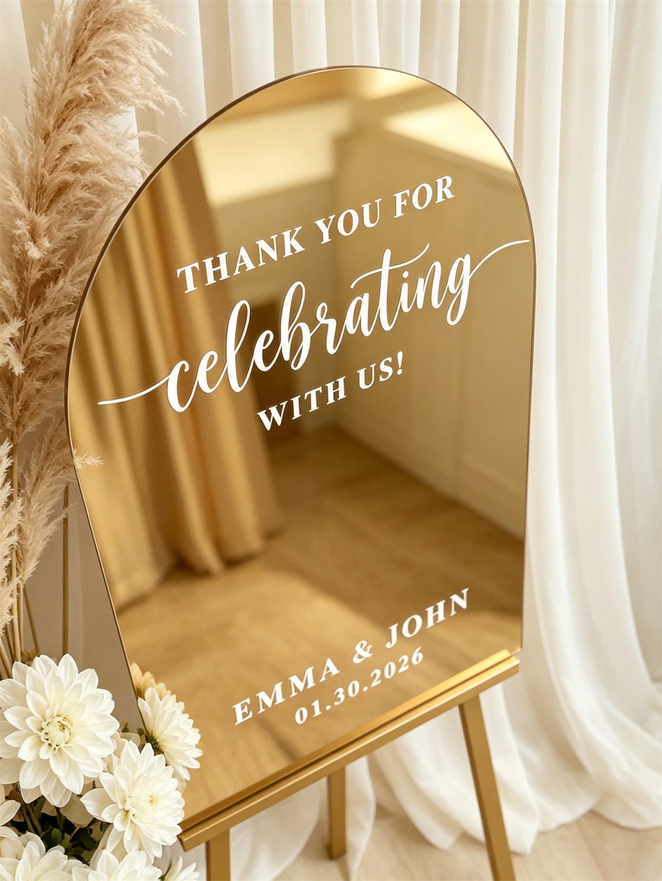 Mirror acrylic welcome signs, golden mirror wedding direction signs, custom wedding direction signs, ceremony welcome signs